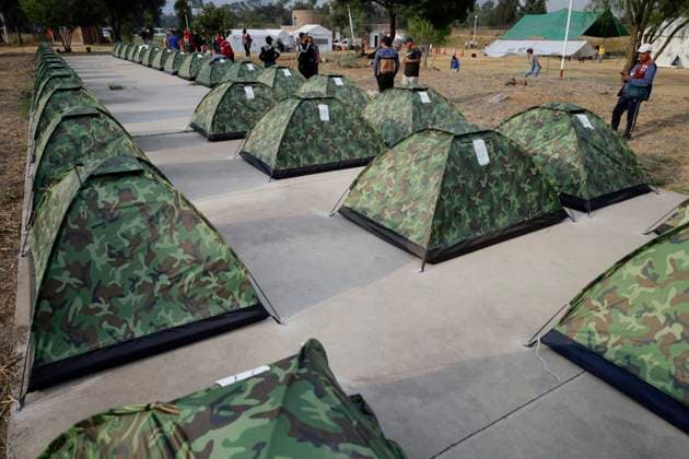 Haitian Migrants Relocated To Shelter In Mexico City View of the tents of Haitian migrants at the Bosque de Tlahuac facilities in Mexico City, where several people were supported by the National Institute of Migration and the Secretariat for Inclusion and Social Welfare who offered food, lodging, and migratory guidance while They are waiting for a permit or Visitor s Card for Humanitarian Reasons that allows them to transit national territory between 45 and 90 days to continue their journey to the border. Mexico City Mexico City Mexico  Copyright: xGerardoxVieyrax originalFilename: vieyra-notitle230410_npyBl.jpg