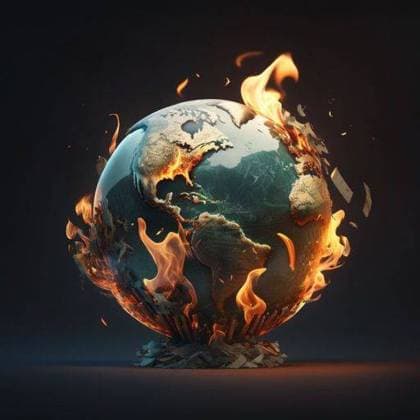 RECORD DATE NOT STATED An AI generated illustration of a 3D rendered image of a globe encircled by flames on black background *** An&Verkauf AI generiert illustrierung des einer 3D gerendert Abbild des einer Globus encircled indem Flammen am Schwarz Hintergrund 18089104