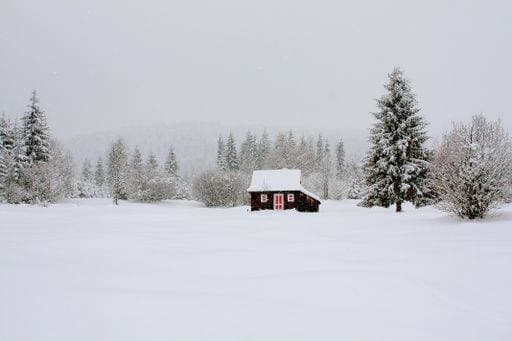 RECORD DATE NOT STATED A majestic winter landscape with a small rural wooden house surrounded by trees covered with snow *** einer majestaetisch winterlichen Landschaft mit einer kleine ländlich hölzern Haus umgeben indem Bäume Gedeckter mit Schnee 1273305