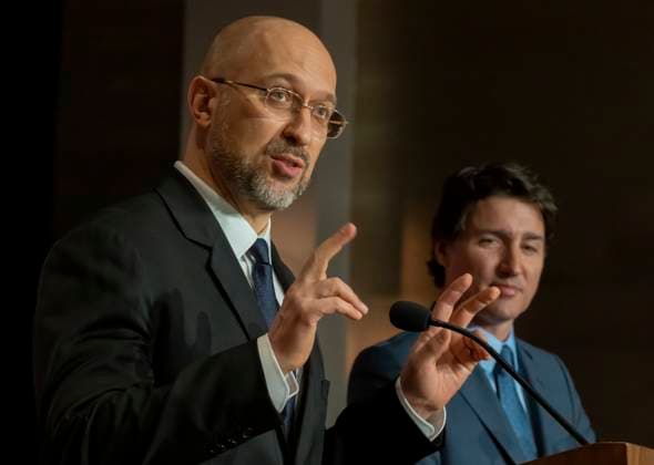 April 11, 2023, TORONTO, ON, CANADA: Ukrainian Prime Minister Denys Shmyhal and Prime Minister Justin Trudeau hold a press conference in Toronto, Tuesday, April 11, 2023. TORONTO CANADA  - ZUMAc35_ 20230411_zaf_c35_031 Copyright: xFrankxGunnx