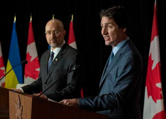 April 11, 2023, TORONTO, ON, CANADA: Ukrainian Prime Minister Denys Shmyhal and Prime Minister Justin Trudeau hold a press conference in Toronto, Tuesday, April 11, 2023. TORONTO CANADA  - ZUMAc35_ 20230411_zaf_c35_036 Copyright: xFrankxGunnx