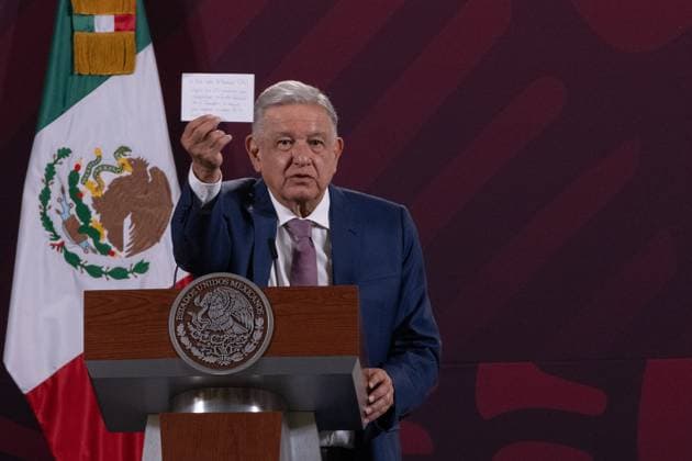 Mexican President Lopez Obrador Morning News Conference April 11, 2023. Mexico City, Mexico: This morning, Mexican President Andres Manuel Lopez Obrador, gave his morning lecture in the Treasury Hall of the National Palace. Today he answered some questions from the representatives of the media. On April 11, 2023 in Mexico City. (Photo by Alex Dalton Eyepix Group) Copyright: xAlexxDalton xEyepixxGroupx AD_11042023_3_