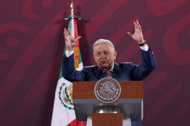 Mexican President Lopez Obrador Morning News Conference April 11, 2023. Mexico City, Mexico: This morning, Mexican President Andres Manuel Lopez Obrador, gave his morning lecture in the Treasury Hall of the National Palace. Today he answered some questions from the representatives of the media. On April 11, 2023 in Mexico City. (Photo by Alex Dalton Eyepix Group) Copyright: xAlexxDalton xEyepixxGroupx AD_11042023_4_