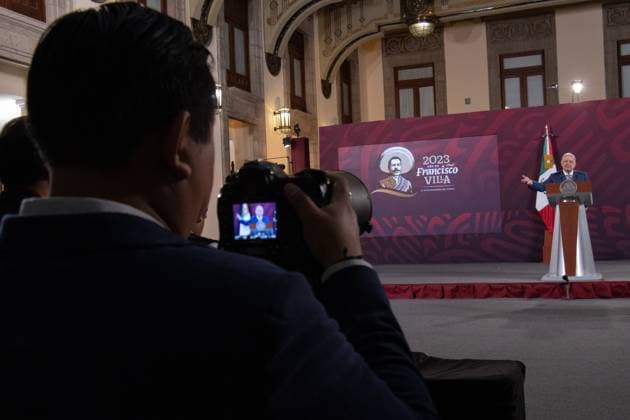 Mexican President Lopez Obrador Morning News Conference April 11, 2023. Mexico City, Mexico: This morning, Mexican President Andres Manuel Lopez Obrador, gave his morning lecture in the Treasury Hall of the National Palace. Today he answered some questions from the representatives of the media. On April 11, 2023 in Mexico City. (Photo by Alex Dalton Eyepix Group) Copyright: xAlexxDalton xEyepixxGroupx AD_11042023_5_