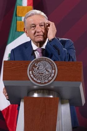 Mexican President Lopez Obrador Morning News Conference April 11, 2023. Mexico City, Mexico: This morning, Mexican President Andres Manuel Lopez Obrador, gave his morning lecture in the Treasury Hall of the National Palace. Today he answered some questions from the representatives of the media. On April 11, 2023 in Mexico City. (Photo by Alex Dalton Eyepix Group) Copyright: xAlexxDalton xEyepixxGroupx AD_11042023_6_