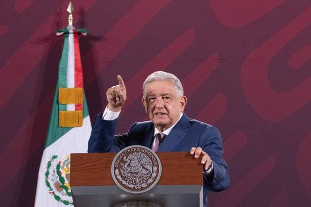 Mexican President Lopez Obrador Morning News Conference April 11, 2023. Mexico City, Mexico: This morning, Mexican President Andres Manuel Lopez Obrador, gave his morning lecture in the Treasury Hall of the National Palace. Today he answered some questions from the representatives of the media. On April 11, 2023 in Mexico City. (Photo by Alex Dalton Eyepix Group) Copyright: xAlexxDalton xEyepixxGroupx AD_11042023_9_