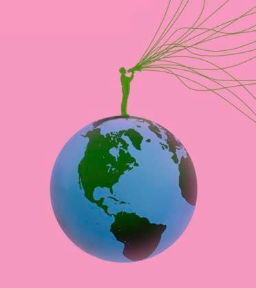 Mann auf einem Globus macht eine Ankündigung zum Umweltschutz *** Man on a globe makes an announcement on environmental protection  Copyright: xGaryxWatersx 11592492