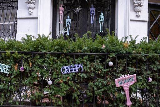 RECORD DATE NOT STATED A closeup shot of a bush in front of a house with Halloween decorations *** einer closeupe erschossen des einer Strauch ÊIn vorne des einer Haus mit Halloween Dekorationen 10283226