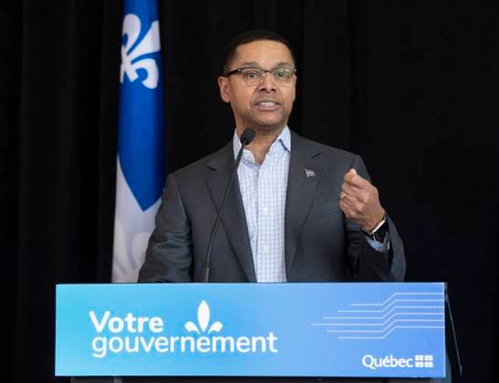 April 12, 2023, Montreal, PQ, Canada: Quebec Social Services Minister Lionel Carmant announces increased funding for people and families with disabilities during a news conference, Wednesday, April 12, 2023 in Montreal. Montreal Canada  - ZUMAc35_ 20230412_zaf_c35_011 Copyright: xRyanxRemiorzx