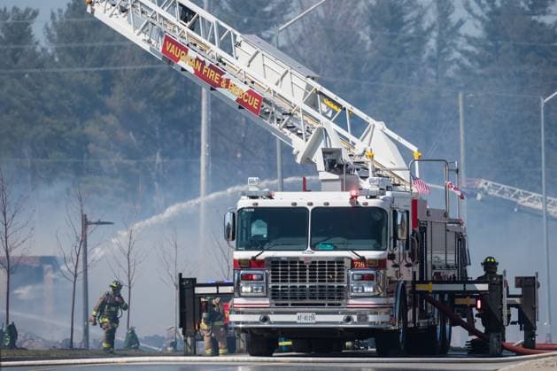 April 12, 2023, Vaughan, ONT, CANADA: Firefighters battle a large fire in a new housing development area near Pine Heights and Teston Road, in Vaughan, Ont., Wednesday, April 12, 2023. Vaughan CANADA  - ZUMAc35_ 20230412_zaf_c35_033 Copyright: xTijanaxMartinx