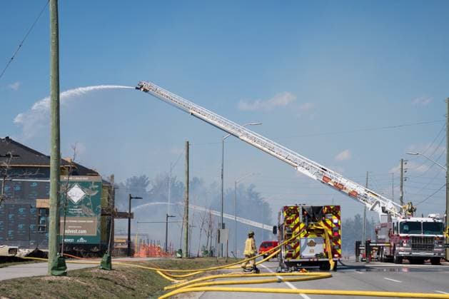 April 12, 2023, Vaughan, ONT, CANADA: Firefighters battle a large fire in a new housing development area near Pine Heights and Teston Road, in Vaughan, Ont., Wednesday, April 12, 2023. Vaughan CANADA  - ZUMAc35_ 20230412_zaf_c35_036 Copyright: xTijanaxMartinx