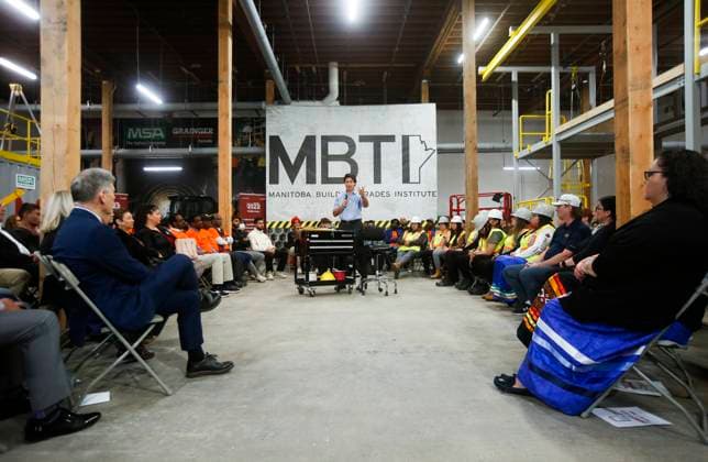 April 12, 2023, WINNIPEG, MANITOBA, CANADA: Prime Minister Justin Trudeau speaks during a town hall meeting at the Manitoba Building Trades Institute in Winnipeg, Wednesday, April 12, 2023. WINNIPEG CANADA  - ZUMAc35_ 20230412_zaf_c35_089 Copyright: xJohnxWoodsx