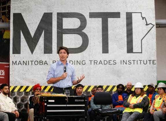April 12, 2023, WINNIPEG, MANITOBA, CANADA: Prime Minister Justin Trudeau speaks during a town hall meeting at the Manitoba Building Trades Institute in Winnipeg, Wednesday, April 12, 2023. WINNIPEG CANADA  - ZUMAc35_ 20230412_zaf_c35_090 Copyright: xJohnxWoodsx