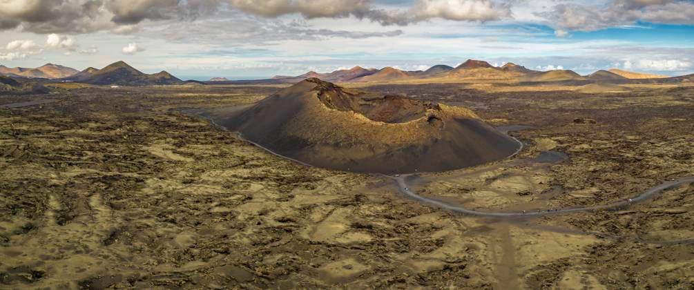 Aerial view of El Cuervo Volcano, Timanfaya National Park, Lanzarote, Las Palmas, Canary Islands, Spain, Atlantic, Europe Copyright: FrankxFell 844-28562