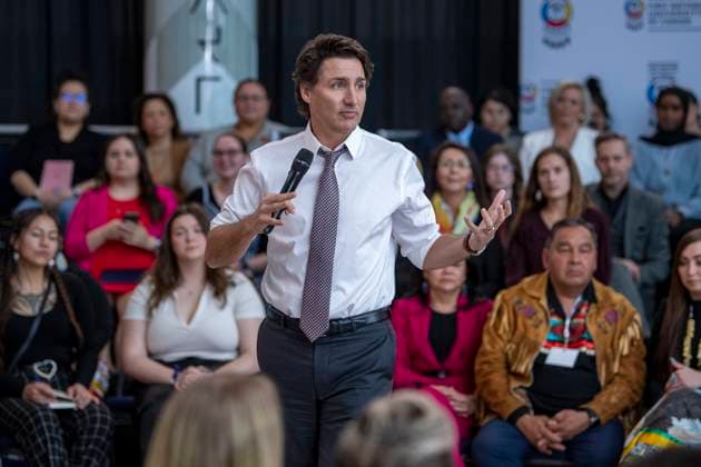 April 13, 2023, Regina, SK, Canada: Prime Minister Justin Trudeau speaks at a town hall at the First Nations University of Canada in Regina, Thursday, April 13, 2023. Regina Canada  - ZUMAc35_ 20230413_zaf_c35_165 Copyright: xLiamxRichardsx