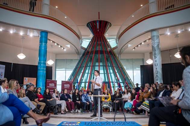 April 13, 2023, Regina, SK, Canada: Prime Minister Justin Trudeau speaks at a town hall at the First Nations University of Canada in Regina, Thursday, April 13, 2023. Regina Canada  - ZUMAc35_ 20230413_zaf_c35_170 Copyright: xLiamxRichardsx
