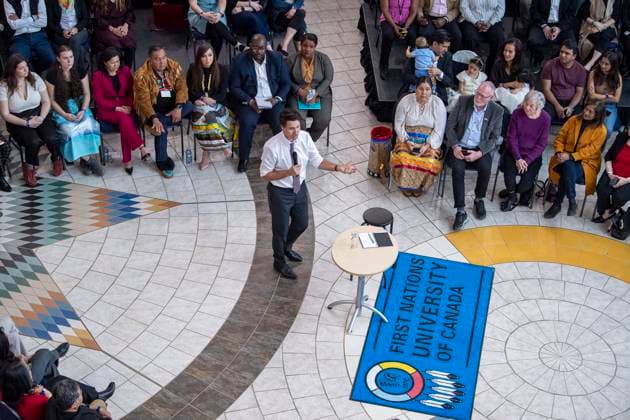 April 13, 2023, Regina, SK, Canada: Prime Minister Justin Trudeau speaks at a town hall at the First Nations University of Canada in Regina, Thursday, April 13, 2023. Regina Canada  - ZUMAc35_ 20230413_zaf_c35_174 Copyright: xLiamxRichardsx
