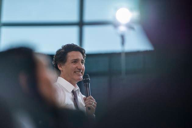 April 13, 2023, Regina, SK, Canada: Prime Minister Justin Trudeau speaks at a town hall at the First Nations University of Canada in Regina, Thursday, April 13, 2023. Regina Canada  - ZUMAc35_ 20230413_zaf_c35_180 Copyright: xLiamxRichardsx