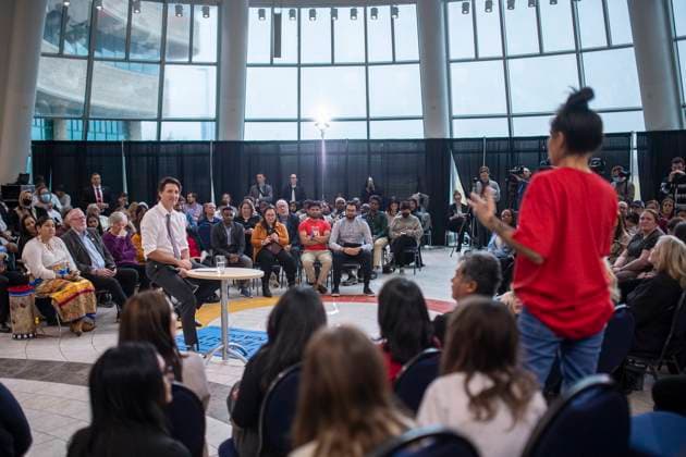 April 13, 2023, Regina, SK, Canada: Prime Minister Justin Trudeau is asked a question at a town hall at the First Nations University of Canada in Regina, Thursday, April 13, 2023. Regina Canada  - ZUMAc35_ 20230413_zaf_c35_181 Copyright: xLiamxRichardsx