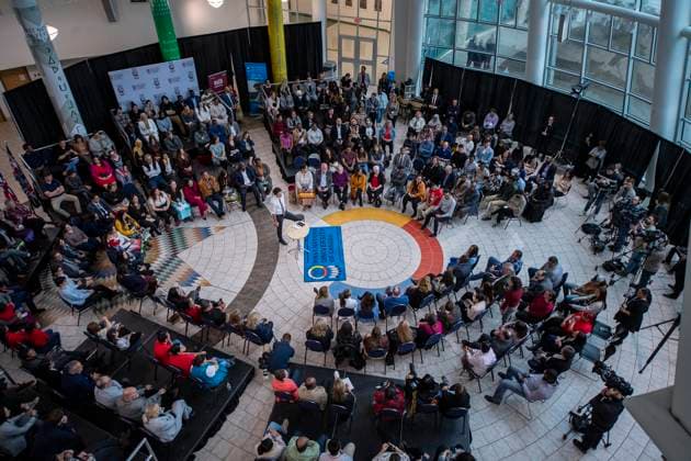 April 13, 2023, Regina, SK, Canada: Prime Minister Justin Trudeau speaks at a town hall at the First Nations University of Canada in Regina, Thursday, April 13, 2023. Regina Canada  - ZUMAc35_ 20230413_zaf_c35_184 Copyright: xLiamxRichardsx