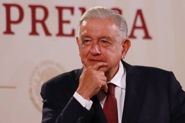 April 14, 2023, Mexico City, Mexico: Mexico s President, Andres Manuel Lopez Obrador, speaks during his briefing conference this Friday at National Palace. on April 14, 2023 in Mexico City, Mexico. Mexico City Mexico - ZUMAe321 20230414_zia_e321_019 Copyright: xCarlosxSantiagox