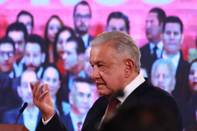 April 14, 2023, Mexico City, Mexico: Mexico s President, Andres Manuel Lopez Obrador, speaks during his briefing conference this Friday at National Palace. on April 14, 2023 in Mexico City, Mexico. Mexico City Mexico - ZUMAe321 20230414_zia_e321_020 Copyright: xCarlosxSantiagox
