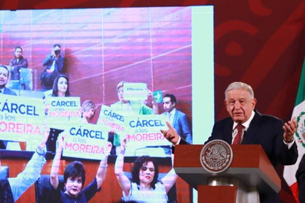 April 14, 2023, Mexico City, Mexico: Mexico s President, Andres Manuel Lopez Obrador, speaks during his briefing conference this Friday at National Palace. on April 14, 2023 in Mexico City, Mexico. Mexico City Mexico - ZUMAe321 20230414_zia_e321_021 Copyright: xCarlosxSantiagox