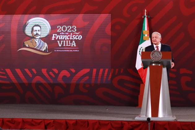 April 14, 2023, Mexico City, Mexico: Mexico s President, Andres Manuel Lopez Obrador, speaks during his briefing conference this Friday at National Palace. on April 14, 2023 in Mexico City, Mexico. Mexico City Mexico - ZUMAe321 20230414_zia_e321_027 Copyright: xCarlosxSantiagox