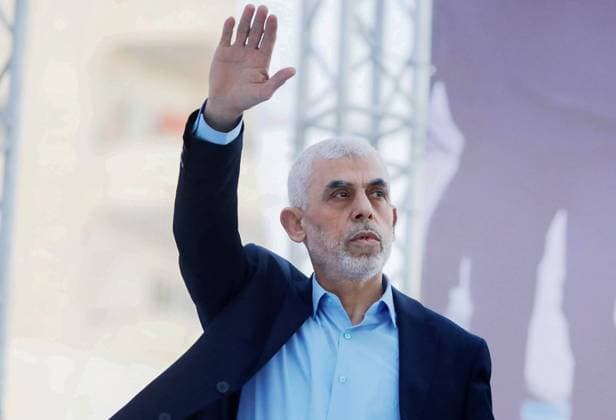 April 14, 2023, Gaza, Palestine: Yahya Sinwar, head of the Palestinian Islamic movement Hamas in the Gaza Strip, waves his hand to the crowd during the celebration of International Quds Day in Gaza City. Iran s leader delivered a historic address to the Palestinian people of Gaza, telling them to stick up to the fighting against Israel in a speech that reflected his country s support for the territory s ruling Hamas militant group. Al-Quds (Jerusalem) Day, is a commemorative day in support of the Palestinian people held annually on the last Friday of the Muslim fasting month of Ramadan by an initiative started by the late founder of the Islamic Republic in Iran. Gaza Palestine - ZUMAs197 20230414_zaa_s197_266 Copyright: xYousefxMasoudx