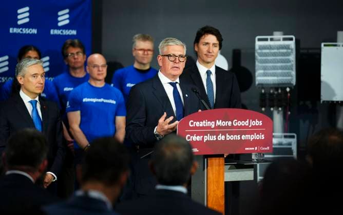 April 17, 2023, Ottawa, ON, CAN: Borje Ekholm, President and CEO of Ericsson speaks as he is joined by Prime Minister Justin Trudeau and Minister of Innovation, Science and Industry Francois-Philippe Champagne during an announcement and press conference at Ericsson in Ottawa on Monday, April 17, 2023. Ottawa CAN  - ZUMAc35_ 20230417_zaf_c35_025 Copyright: xSeanxKilpatrickx
