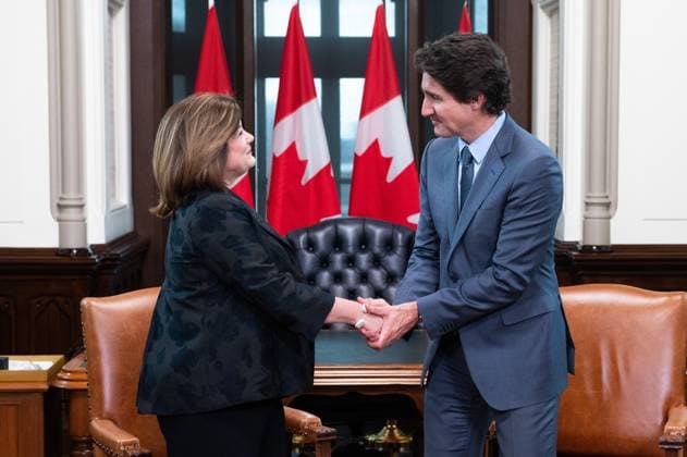 April 19, 2023, Ottawa, ON, Canada: U.S. Chamber of Commerce President and CEO, Suzanne P. Clark, meets with Prime Minister Justin Trudeau in his West Block office on Parliament Hill in Ottawa, on Wednesday, April 19, 2023. Ottawa Canada  - ZUMAc35_ 20230419_zaf_c35_117 Copyright: xSpencerxColbyx