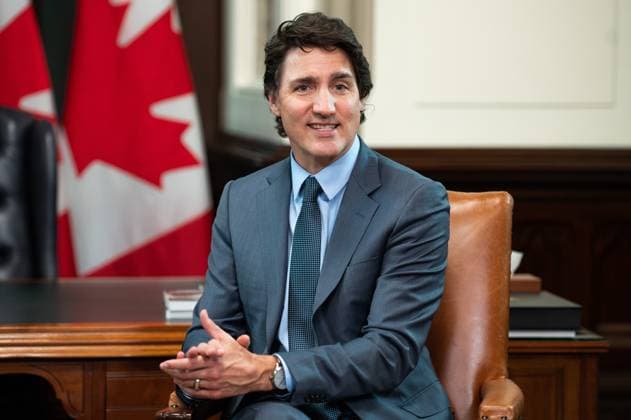 April 19, 2023, Ottawa, ON, Canada: Prime Minister Justin Trudeau is seen as he meets with U.S. Chamber of Commerce President and CEO, Suzanne P. Clark (not pictured) in his West Block office on Parliament Hill in Ottawa, on Wednesday, April 19, 2023. Ottawa Canada  - ZUMAc35_ 20230419_zaf_c35_119 Copyright: xSpencerxColbyx