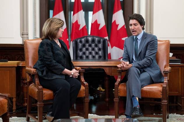April 19, 2023, Ottawa, ON, Canada: U.S. Chamber of Commerce President and CEO, Suzanne P. Clark, meets with Prime Minister Justin Trudeau in his West Block office on Parliament Hill in Ottawa, on Wednesday, April 19, 2023. Ottawa Canada  - ZUMAc35_ 20230419_zaf_c35_120 Copyright: xSpencerxColbyx
