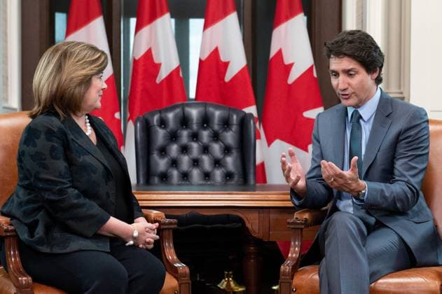 April 19, 2023, Ottawa, ON, Canada: U.S. Chamber of Commerce President and CEO, Suzanne P. Clark, meets with Prime Minister Justin Trudeau in his West Block office on Parliament Hill in Ottawa, on Wednesday, April 19, 2023. Ottawa Canada  - ZUMAc35_ 20230419_zaf_c35_121 Copyright: xSpencerxColbyx