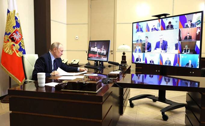 Russian President Vladimir Putin chairs a meeting with the Presidential Council for the Local Self-Government Development, via a video conference at the Novo-Ogaryovo state residence, outside Moscow, Russia Thursday, April 20, 2023.  RUS2023042001 KremlinxPool