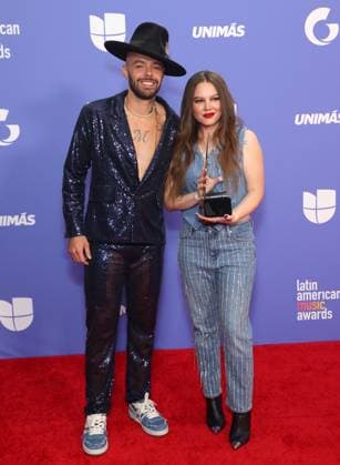 Jesse Huerta and Joy Huerta of Jesse & Joy, winner of the Favorite Duo or Group award, pose in the press room during the 8th annual Latin American Music Awards at the MGM Grand Garden Arena in Las Vegas on Thursday, April 20, 2023. The annual event honors outstanding achievements for artists in the Latin music industry.  LAV2023042128 JAMESxATOA