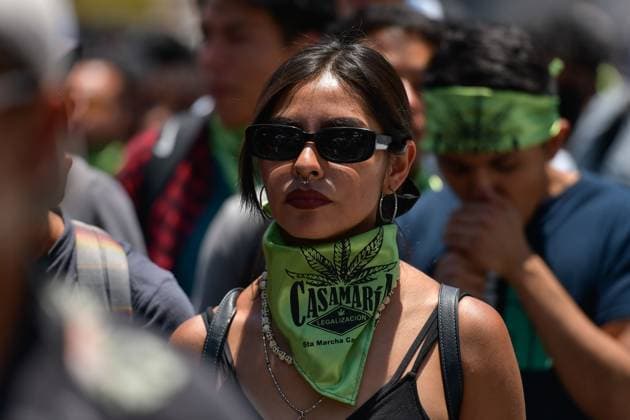 World Cannabis Day in State of Mexico April 20 , 2023 Toluca , Mexico : Thousands of young people and adults took to the streets of the city where they participated in the 5th cannabis walk in commemoration of World Cannabis Day, demanding its legalization as a plant for recreational purposes. on April 20, 2023 in Toluca, MÃ xico. (Photo by Arturo Hernandez Eyepix Group) Copyright: xArturoxHernandezx xEyepixxGroupx AH_200423_15