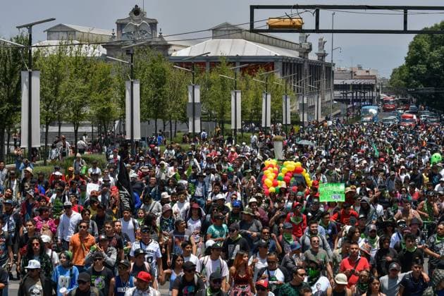 World Cannabis Day in State of Mexico April 20 , 2023 Toluca , Mexico : Thousands of young people and adults took to the streets of the city where they participated in the 5th cannabis walk in commemoration of World Cannabis Day, demanding its legalization as a plant for recreational purposes. on April 20, 2023 in Toluca, MÃ xico. (Photo by Arturo Hernandez Eyepix Group) Copyright: xArturoxHernandezx xEyepixxGroupx AH_200423_11
