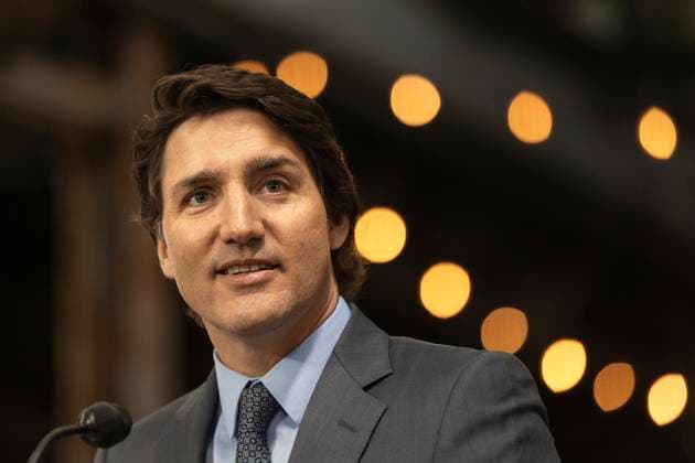 April 21, 2023, St. Thomas, ON, Canada: Prime Minister Justin Trudeau makes an announcement on a Volkswagen electric vehicle battery plant at the Elgin County Railway Museum in St. Thomas, Ont. Friday, April 21, 2023. St. Thomas Canada  - ZUMAc35_ 20230421_zaf_c35_057 Copyright: xTaraxWaltonx