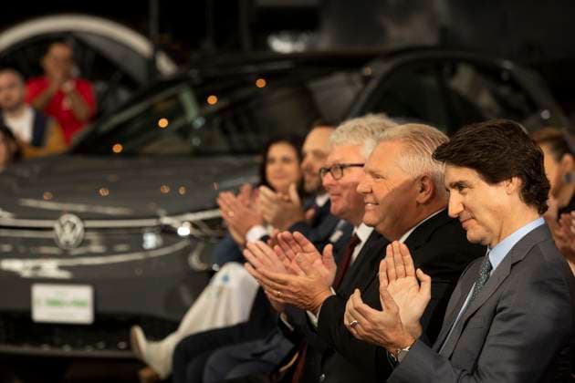 April 21, 2023, St. Thomas, ON, Canada: Prime Minister Justin Trudeau and Ontario Premier Doug Ford during an announcement on a Volkswagen electric vehicle battery plant at the Elgin County Railway Museum in St. Thomas, Ont., Friday, April 21, 2023. St. Thomas Canada  - ZUMAc35_ 20230421_zaf_c35_059 Copyright: xTaraxWaltonx