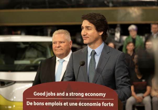 April 21, 2023, St. Thomas, ON, Canada: Prime Minister Justin Trudeau and Ontario Premier Doug Ford attend an announcement on a Volkswagen electric vehicle battery plant at the Elgin County Railway Museum in St. Thomas, Ont., Friday, April 21, 2023. St. Thomas Canada  - ZUMAc35_ 20230421_zaf_c35_060 Copyright: xTaraxWaltonx