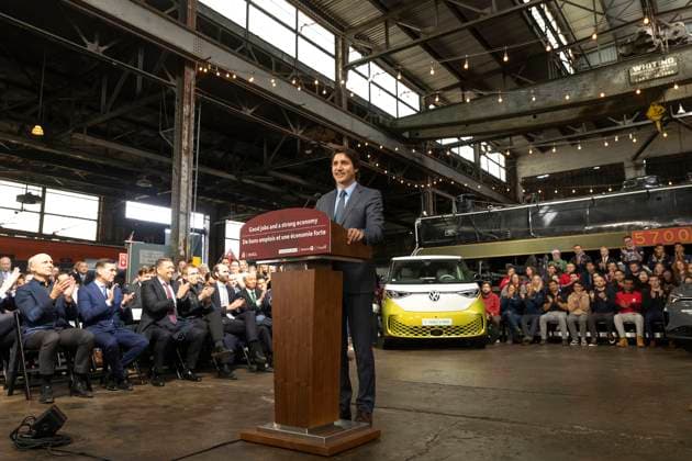 April 21, 2023, St. Thomas, ON, Canada: Prime Minister Justin Trudeau speaks during a news conference to announce the construction of an electric vehicle battery production plant by Volkswagen GroupöÄÃ s battery company PowerCo SE in St. Thomas, Ontario Friday, April 21, 2023. St. Thomas Canada  - ZUMAc35_ 20230421_zaf_c35_082 Copyright: xTaraxWaltonx