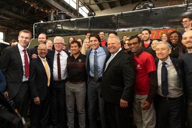 April 21, 2023, St. Thomas, ON, Canada: Prime Minister Justin Trudeau, centre, and Ontario Premier Doug Ford, centre right, with Frank Blome, third left, CEO of PowerCo SE, pose for photos after a news conference announcing the construction of an electric vehicle battery production plant by Volkswagen GroupöÄÃ s battery company PowerCo SE in St. Thomas, Ontario Friday, April 21, 2023. St. Thomas Canada  - ZUMAc35_ 20230421_zaf_c35_085 Copyright: xTaraxWaltonx