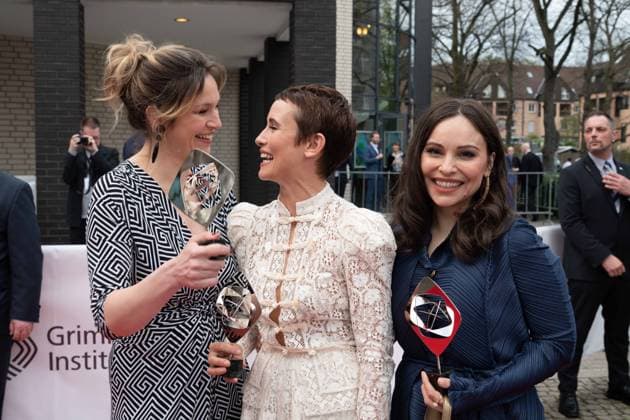 Grimme award for NEULAND v l Franziska Hartmann, actress, Mina Tander, actress, Peri Baumeister, actress, red carpet, red carpet show, arrival, arrival, 59 Adolf Grimme award ceremony Adolf Grimme award Grimme award in Marl, 21 04 2023 oÂ¥Ã