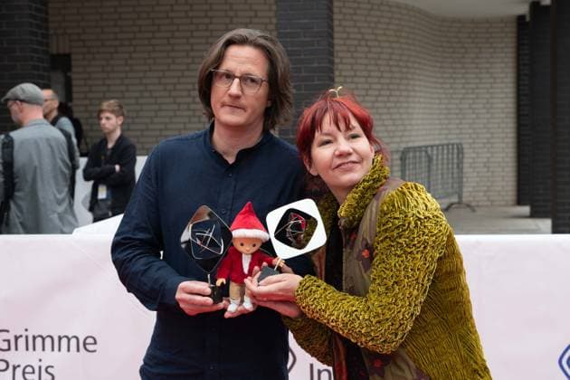 Grimme award for UNSER SANDMAENNCHEN, Stefan SCHOMERUS, director, and Tine KLUTH, animation, red carpet, red carpet show, arrival, 59 Adolf Grimme award ceremony Adolf Grimme award Grimme award in Marl, 21 04 2023 oÂ¥Ã