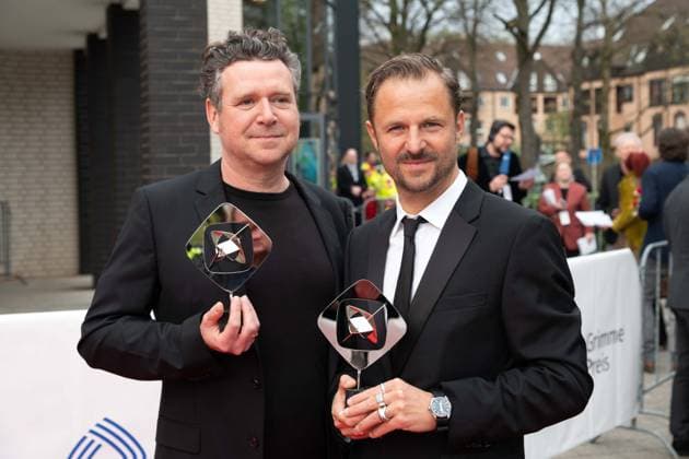 Grimme Prize for the Wannsee Conference, v l Magnus VATTRODT, book, Philipp HOCHMAIR, actor, red carpet, red carpet show, arrival, arrival, 59 Adolf Grimme Prize award ceremony Adolf Grimme Prize Grimme Prize in Marl, 21 04 2023 oÂ¥Ã