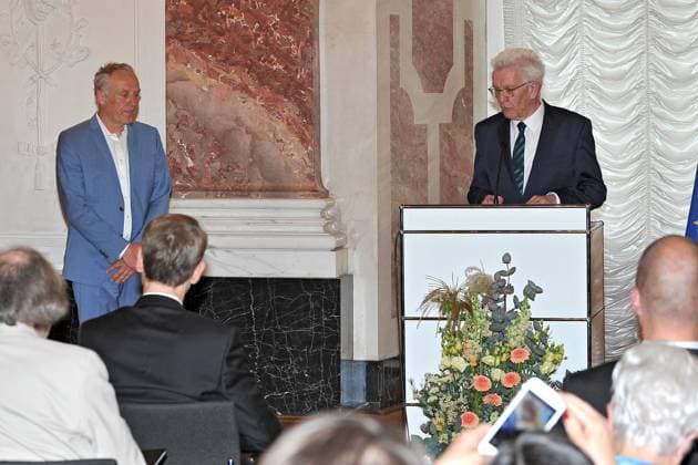 Award of the Order of Merit of the State of Baden Württemberg Winfried Kretschmann Bündnis 90 Die Grünen Prime Minister of Baden Württemberg and Christian Streich on the occasion of the award of the Order of Merit of the State of Baden Württemberg on 22 04 2023 in Mannheim Castle 20230422MWI64187