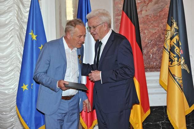 Award of the Order of Merit of the State of Baden Württemberg Winfried Kretschmann Bündnis 90 Die Grünen Prime Minister of Baden Württemberg and Christian Streich on the occasion of the award of the Order of Merit of the State of Baden Württemberg on 22 04 2023 in Mannheim Castle 20230422MWI64193