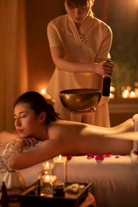 RECORD DATE NOT STATED Young Chinese woman playing singing bowl for customer in spa Beijing China Copyright: xLanexOateyx bji06490076