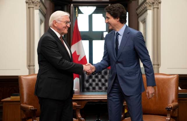 April 24, 2023, Ottawa, ON, Canada: Prime Minister Justin Trudeau shakes hands with German President Frank-Walter Steinmeier at the start of a meeting ..on Parliament Hill, Monday, April 24, 2023 in Ottawa. Ottawa Canada  - ZUMAc35_ 20230424_zaf_c35_003 Copyright: xAdrianxWyldx